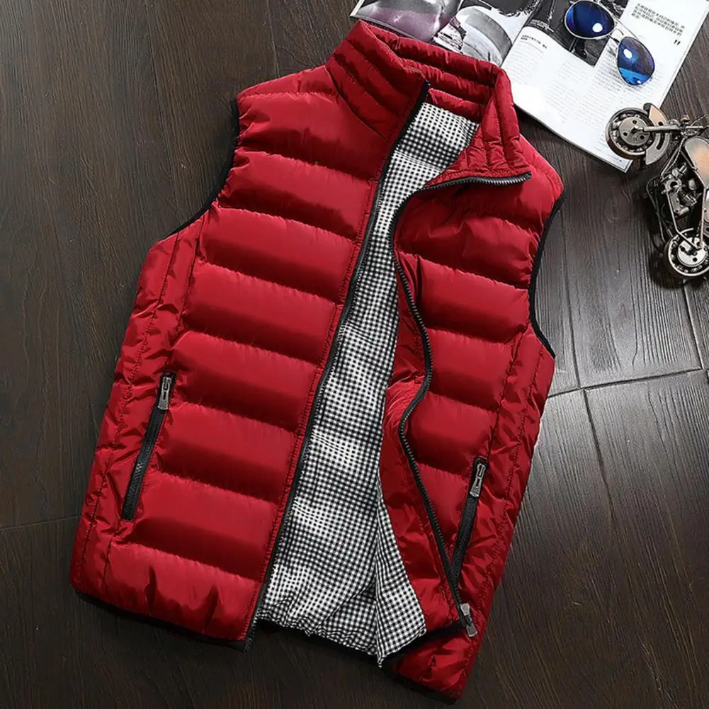 

Padded Waistcoat Cozy Men's Winter Vest Padded Warm Stylish with Zipper Pockets Stand Collar Neck Protection Men Quilted Vest