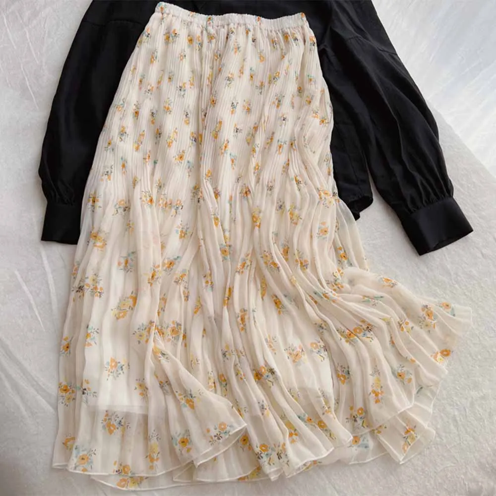 

Orange Skirt VD3098 Original Homemade Elegant High-End Soft Chiffon Floral A-Line Fishtail Pleated Skirt Mid Length
