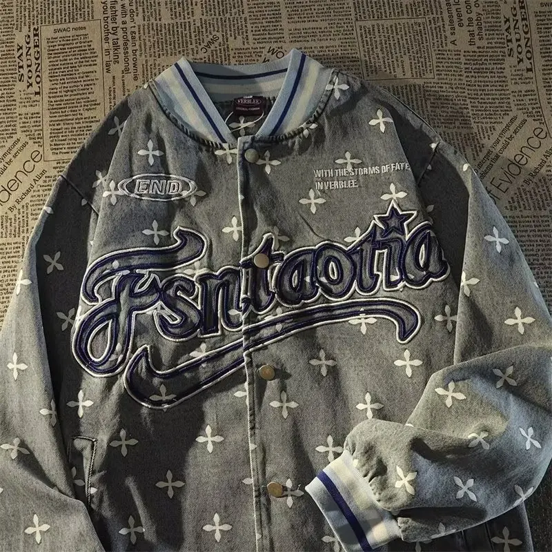 

American Retro Embroidered Letter Jeans Jacket Men and Women Crosses Vintage Denim Baseball Jacket Outwear Casual Streetwear