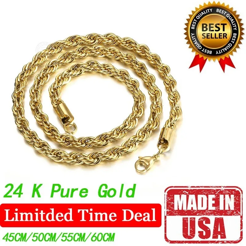 

New Fashion Twisted Rope Link Chain 24K Pure Gold Tone Necklace for Men Unisex Chain Jewelry 22 inch 3-7mm