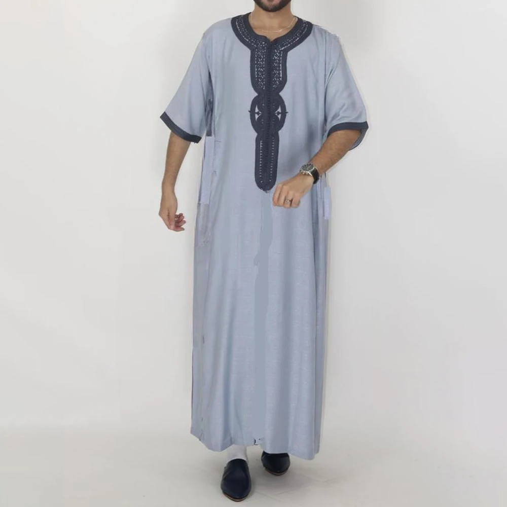 Arab Men's Robe Islam Muslim Eid Mubarak Kaftan Kameez Thobe Prayer Shirt For Men Embroidered Clothing Men's Robe Qamis Man