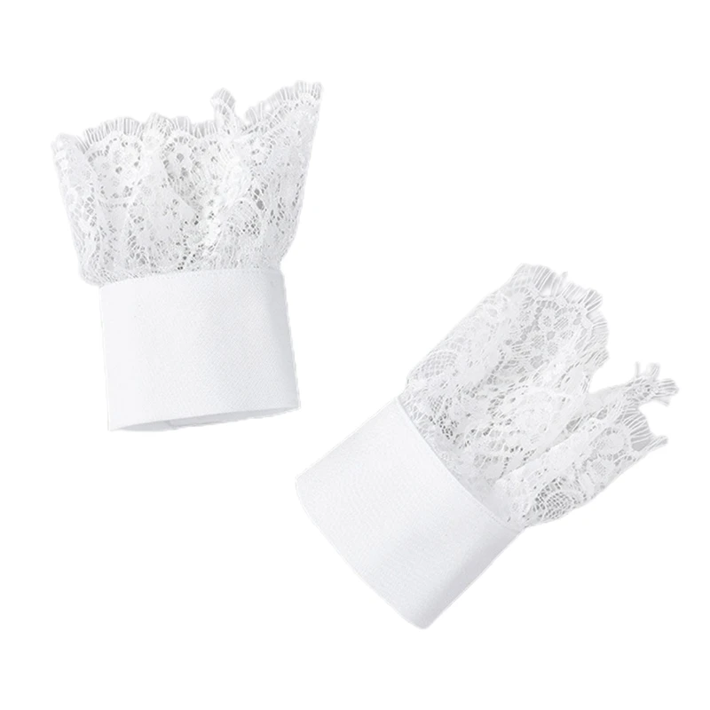 

2XPC Women Sweet Layered Horn Cuffs Hollow Out Eyelash Floral Lace Detachable Loose Fake Sleeves Sweater Decorative Wristband
