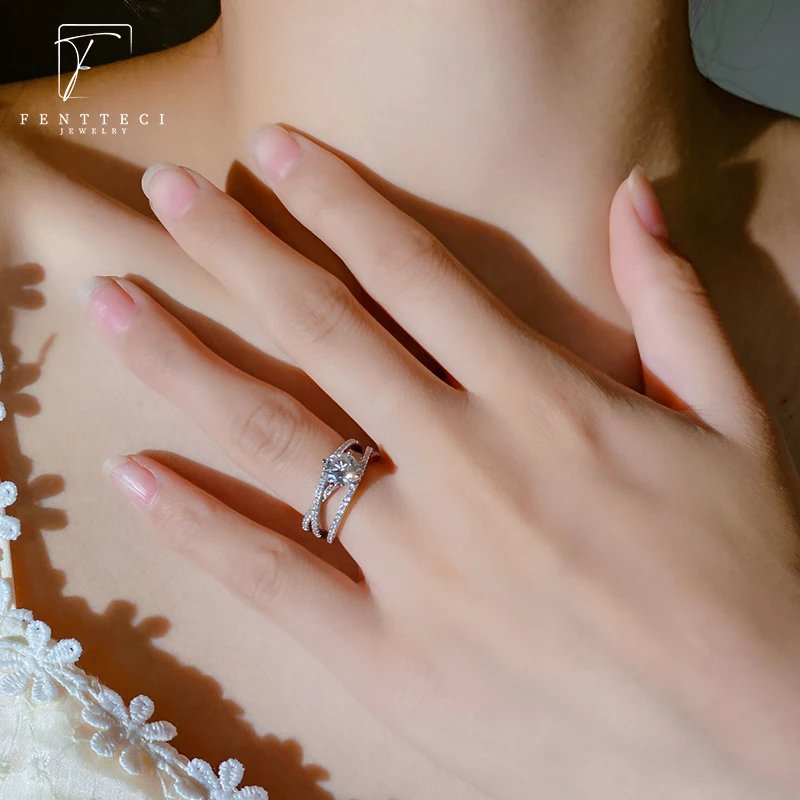FENTTECI 1 Carat D Color Moissanite Ring for Women S925 Sterling Silver with Platinum Plated Luxury Jewelry Engagement Wedding