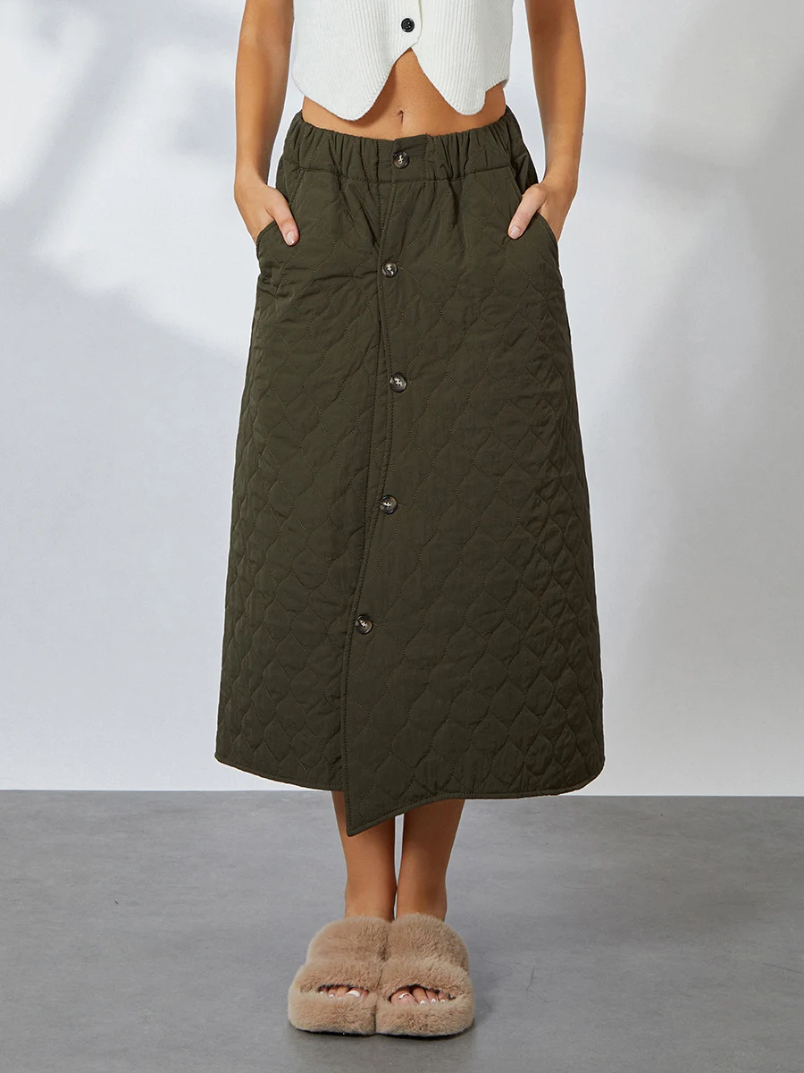 

Женская зимняя стеганая юбка, Повседневная однотонная трапециевидная Теплая юбка на пуговицах с эластичным поясом для работы, уличная Клубная одежда