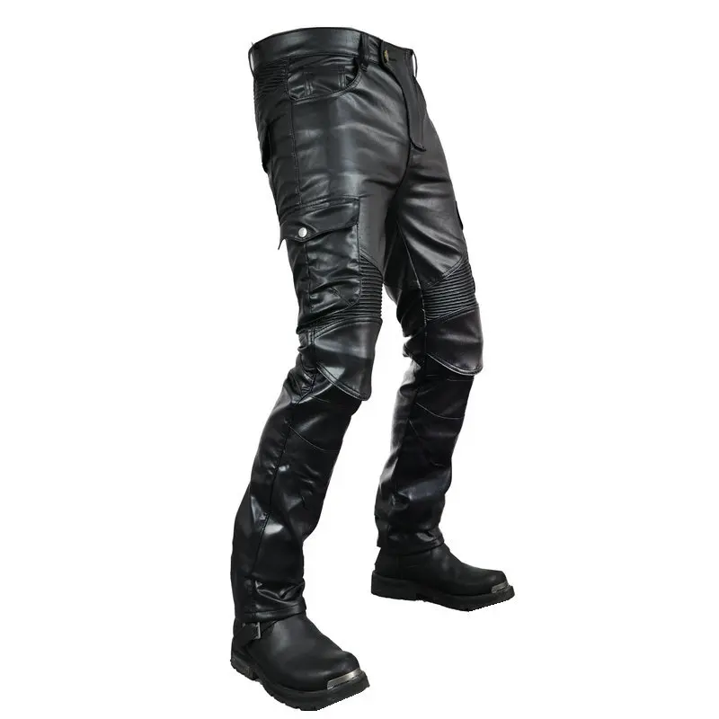Thoshine Brand Men Leather Moto Pants Elastic PU Leather Cargo Trousers Motorcycle & Biker Pants Waterproof Windproof