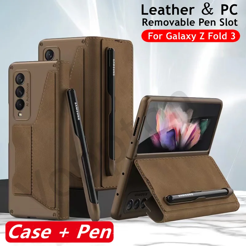 

Armor Leather Case for Samsung Galaxy Z Fold 3 5G Cover With Pen Removable Pen Holder Flip Cover With Card Slot