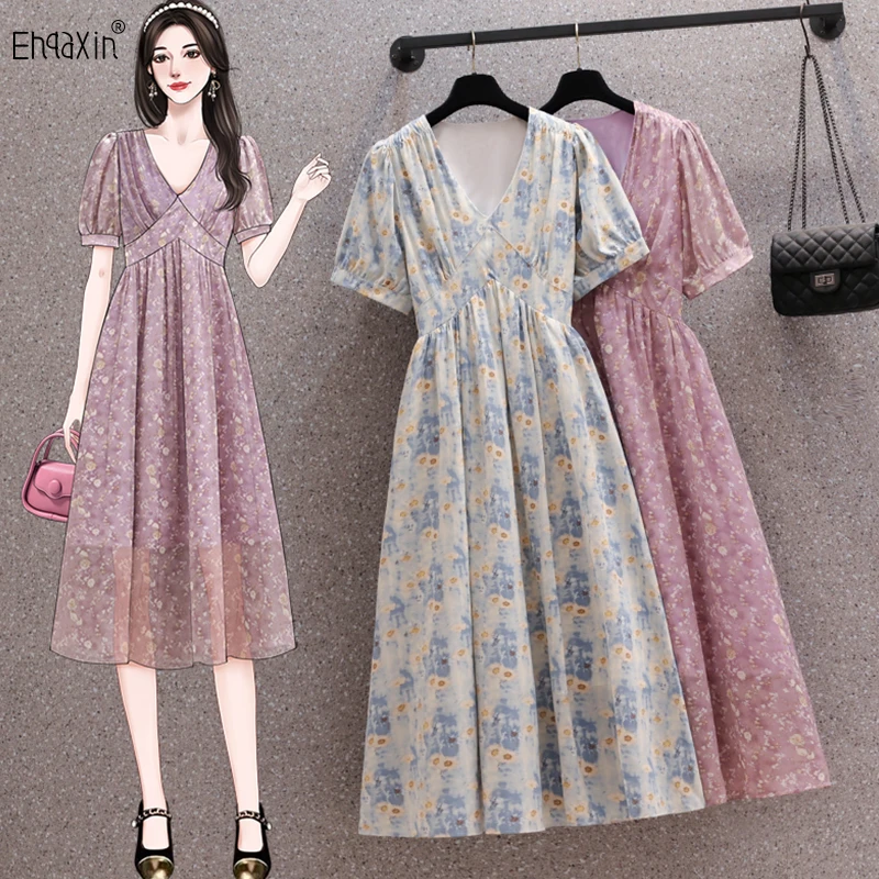 EHQAXIN 2023 Summer Women's Dress Fashion New Gentle Print V-Neck Loose Short Sleeve A-Line Dresses For Ladies M-4XL