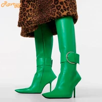 genuine leather pointed toe boots stiletto heel belt buckle side zipper long boots fashion catwalk 2022 new women ankle boots