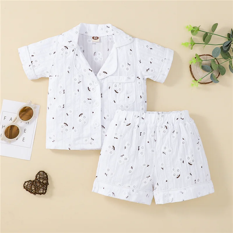 

2Pcs Little Girls Outfit,Summer Embroidery Flower Lapel Short Sleeve Single-breasted Shirt Tops +Elastic Waist Shorts, 6M-4Y