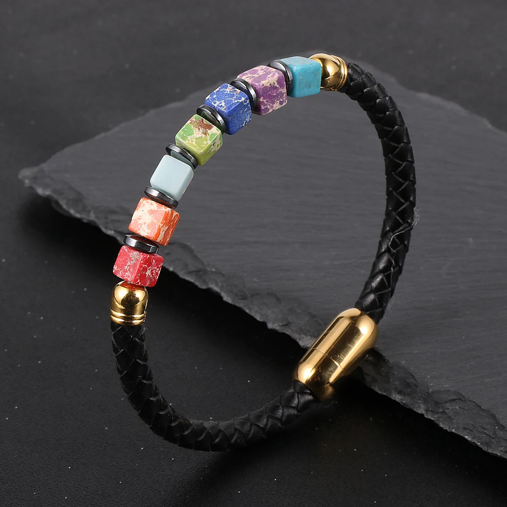 Men Women Natural Cube Stone 7 Chakras Yoga Balance Bracelet Genuine Leather Stainless Steel Clasp Buckle EMF Protection Jewelry
