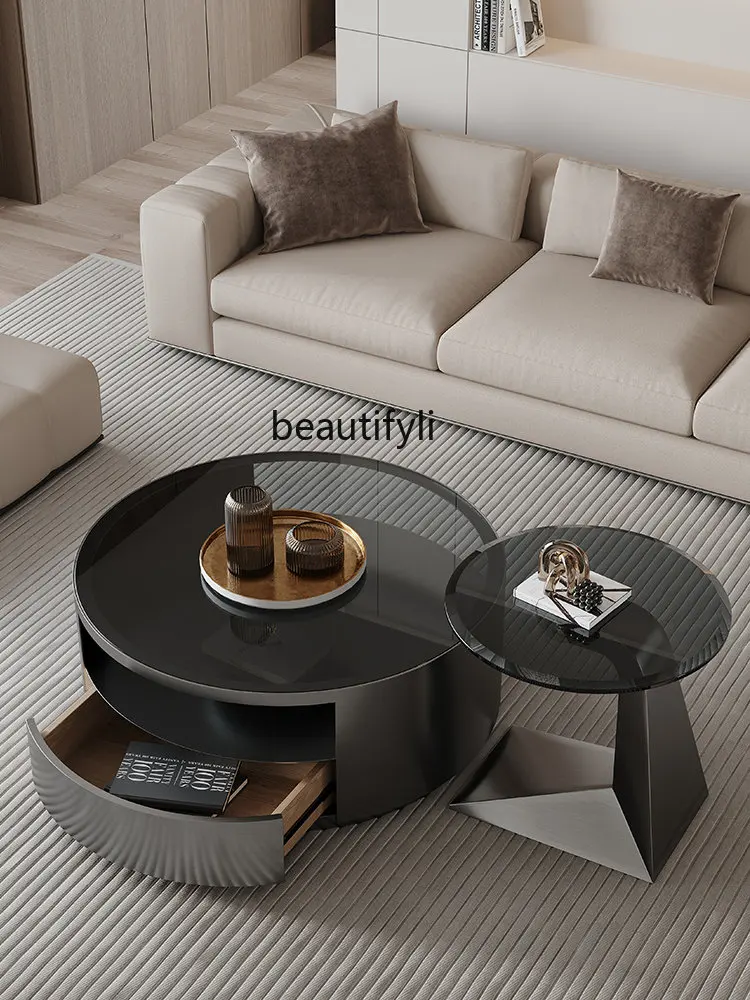 

Round Tea Table Size Combination Small Apartment Creative with Drawer Tempered Glass Tea Side Table