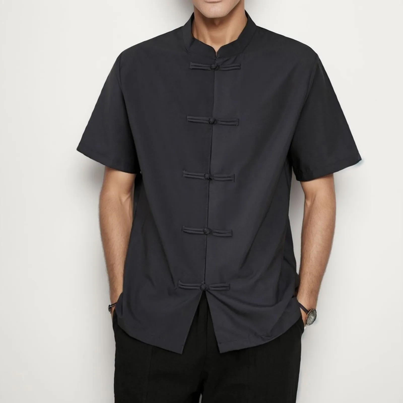 

Men's Shirts Summer Ice Silk Shirt Short Sleeved Loose Casual Shirt Solid Color Shirts Men Tops Chinese Kung Fu Taiji Clothing