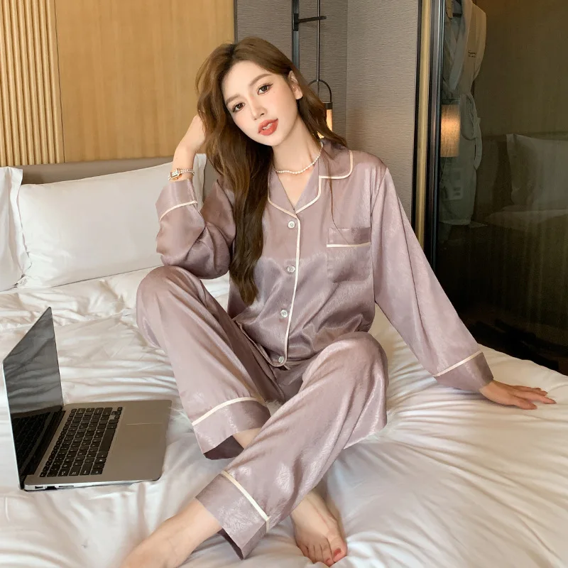New Couples' Pajamas Spring and Summer Men's and Women's Ice Silk Satin Chiffon Herringbone Long Thin Home Suit Set