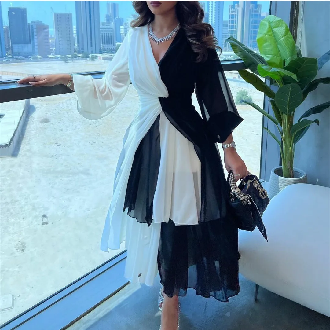 

Women's Prom Dresses Simple Black and White Patchwork Color Ankle-length Design Sexy Tulle Customized Formal Occasion Dresses