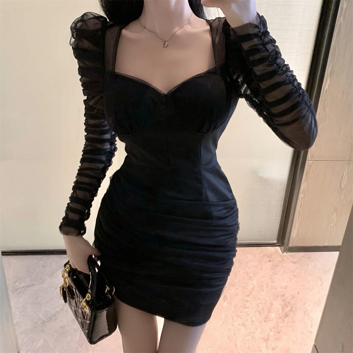 

Square Collar Mesh Stitching Ruffle Slim Slimming Sheath Dress 2022 Summer New French Style Dress sexy dress women