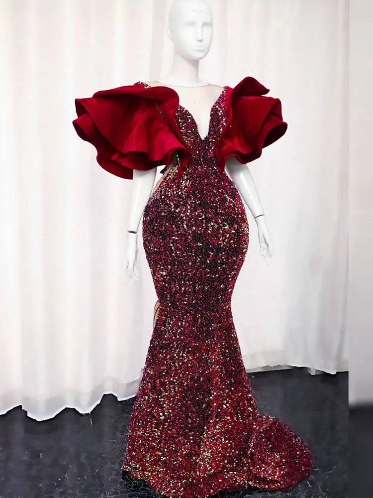 

Africa Red Sequins Ruffles Puffy Sleeves V Neck Mermaid Evening Gowns 2023 Sparkling Plus SizeWomen Prom Dress robe de soirée
