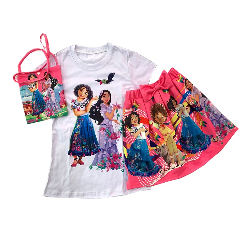 

Wholesale children clothes encanto outfits short sleeve top skirt girls sets with bag 3 piece set