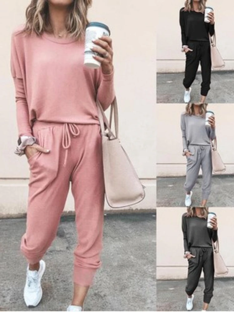 

2023 Comfortable Casual Solid Loose Solid Round Neck Pullover Long Sleeve Elastic Waist Pants Casual Two Piece Set