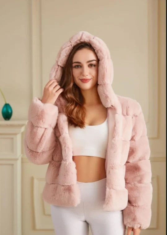 

2021 new short solid color loose horizontal matching Hooded Coat imitation fur autumn and winter warm coat