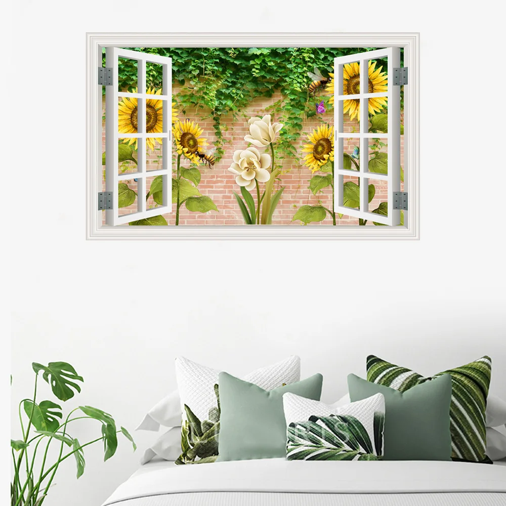

Sunflower Tulip False Window Wall Stickers Living Room Bedroom Wallpaper Home Decor False Window Green Leaf Art Mural Poster