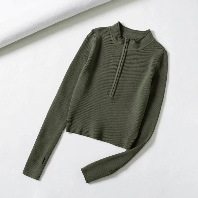 

2021 Women Tops Elegant High Neck Solid Basic Cropped Pullover All-Match Winter Spring Fashion Y2k Zipper Front Knitted Clothing
