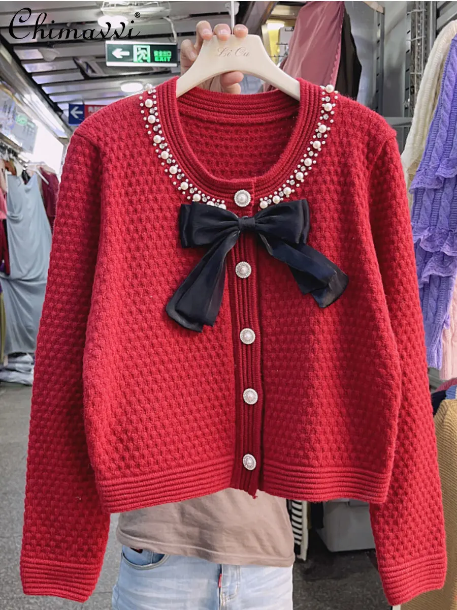 

Autumn and Winter Round Neck Long Sleeve Heavy Industry Beads Bow Sweater Coat French Elegant Single-Breasted Knitted Cardigan