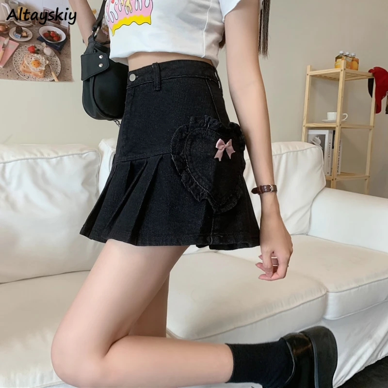 

Юбка женская джинсовая плиссированная с завышенной талией и бантом, Y2K