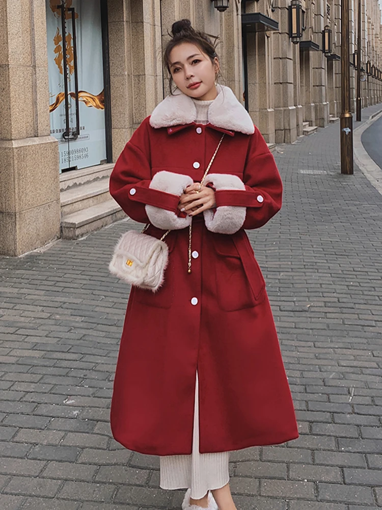 Новогоднее пальто красная шерстяная куртка женское новое осенне-зимнее