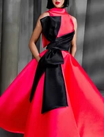 ball gown elegant color clash prom formal evening birthday dress high neck sleeveless ankle length satin with bows 2022