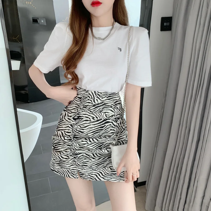 

2022 New Summer Two Piece Se Korean Style Women's Puff Sleeve T-Shirt Top and Hight Waist Zebra Printted Bodycon Mini Skirt Suit