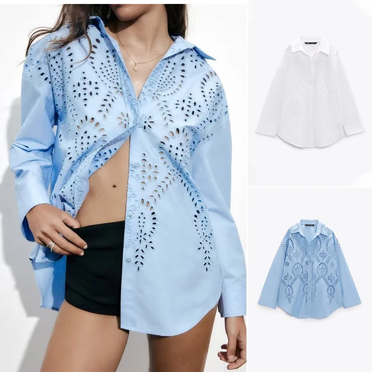 

Women Hollow Out Embroidery Cotton Blouses T-Shirt Oversized Long Sleeve Lapel Female Shirts Casual Solid Color Chic Tops 2023
