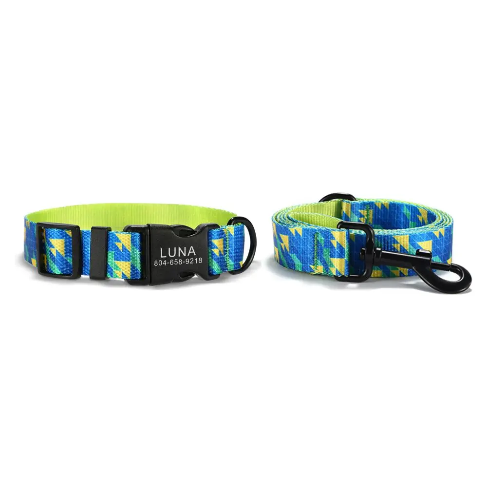 

Personalized Pet Collar Customized Nameplate ID Adjustable Blue Triangle Soft Fiber Cat Dog Collars Lead Leash