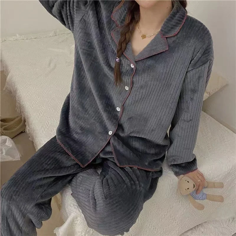 Autumn Winter Warm Coral Fleece Pajamas Set Women Pyjamas Long Sleeve Soild Sleepwear Pijama Suit Female Homewear Loungewear