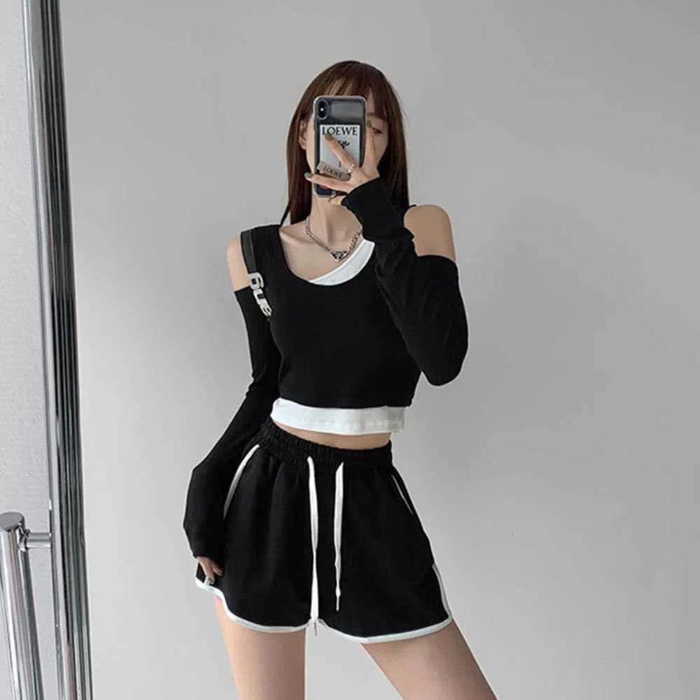 Футболка женская с длинным рукавом пикантный кроп-топ в стиле пэчворк модная