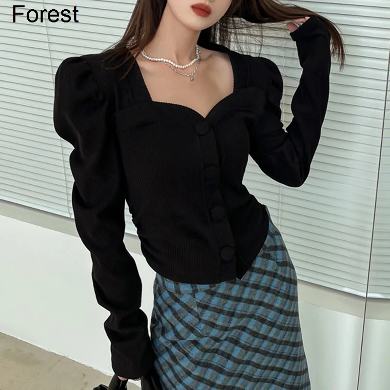 

Женский пуловер с рукавом, простой топ с воротником, корейский облегающий короткий цветной свитер с узором леса