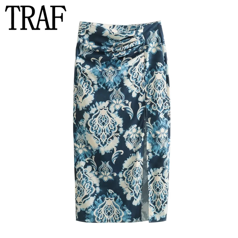 

TRAF Printed Long Skirts For Women Fashion 2023 Vintage Midi Skirt With Slit High Wasit Skirt Sets Ruched Summer Elegant Skirts