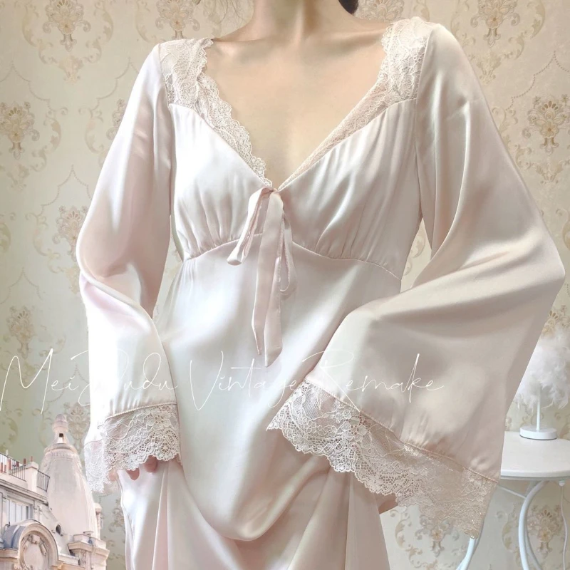QWEEK Satin Nightgown Elegant Fairy Dresses Women Autumn Sleepwear Lace Nightwear Long Sleeve Vintage Nightie Sexy Gown Vestidos