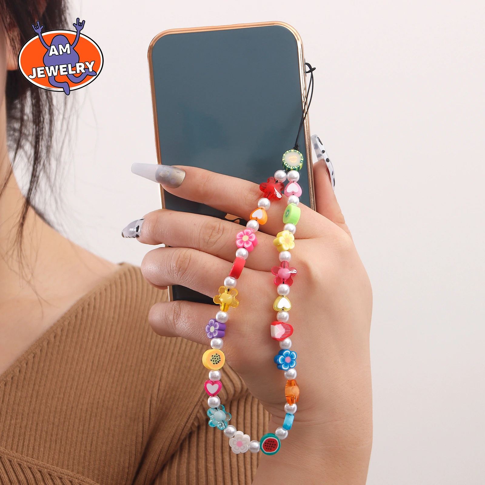 

New Lovely Rainbow Beads Mobile Phone Chain Love Key Lanyard Simple Anti-loss Lanyard Cute Color Clay Fruit Mobile Phone Chain