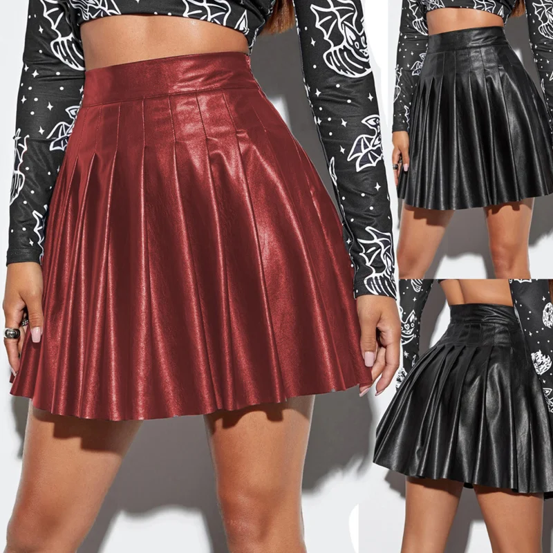 

High Waist Pleated Womens PU Leather Mini Skirt A-Line Circle Skirt Rave Dance Sexy Clubwear Fashion Bottoms