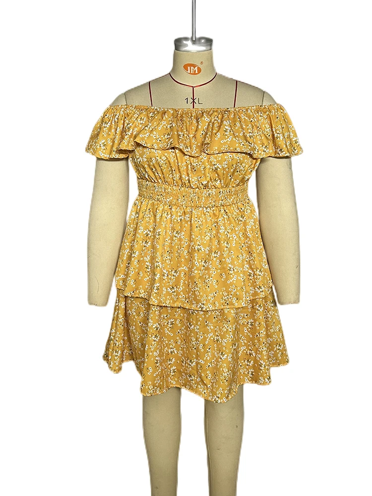 Plus Size Dress for Women  Print Off Shoulder Casual Elegant Midi Spring Summer Casual Short Sleeve Chiffon A Line Dress