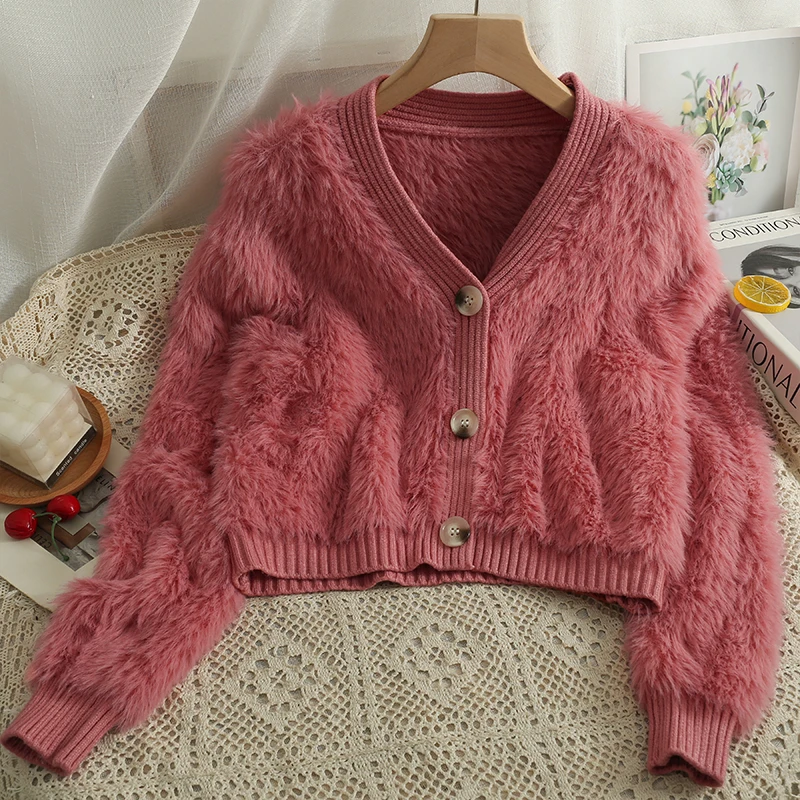 

Женский короткий вязаный кардиган, Зимний однобортный приталенный свитер из искусственной норки с V-образным вырезом