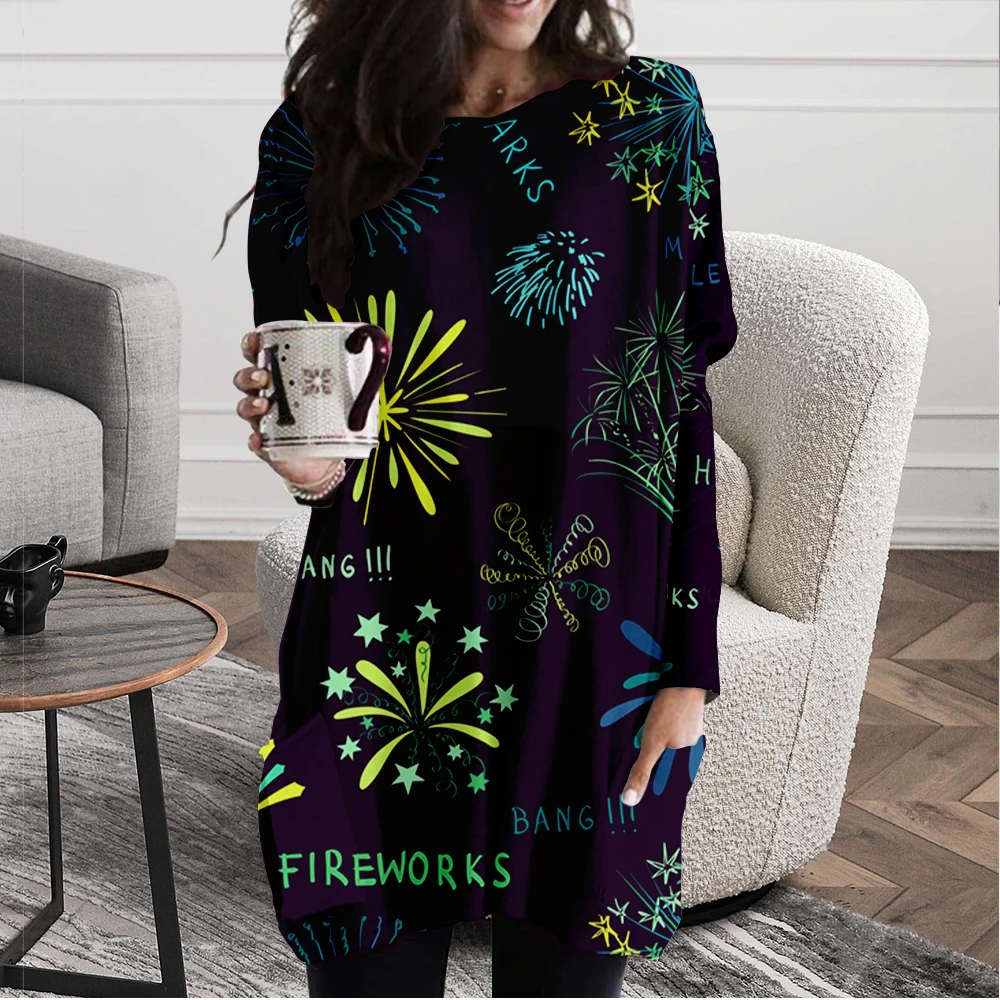 Женская весенне-осенняя футболка с длинным рукавом и принтом фейерверка |