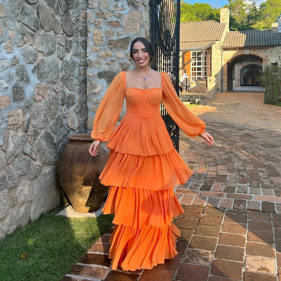 

Винтажное длинное шифоновое оранжевое Многоярусное вечернее платье А-силуэта плиссированное платье в пол для выпускного вечера строгое пл...