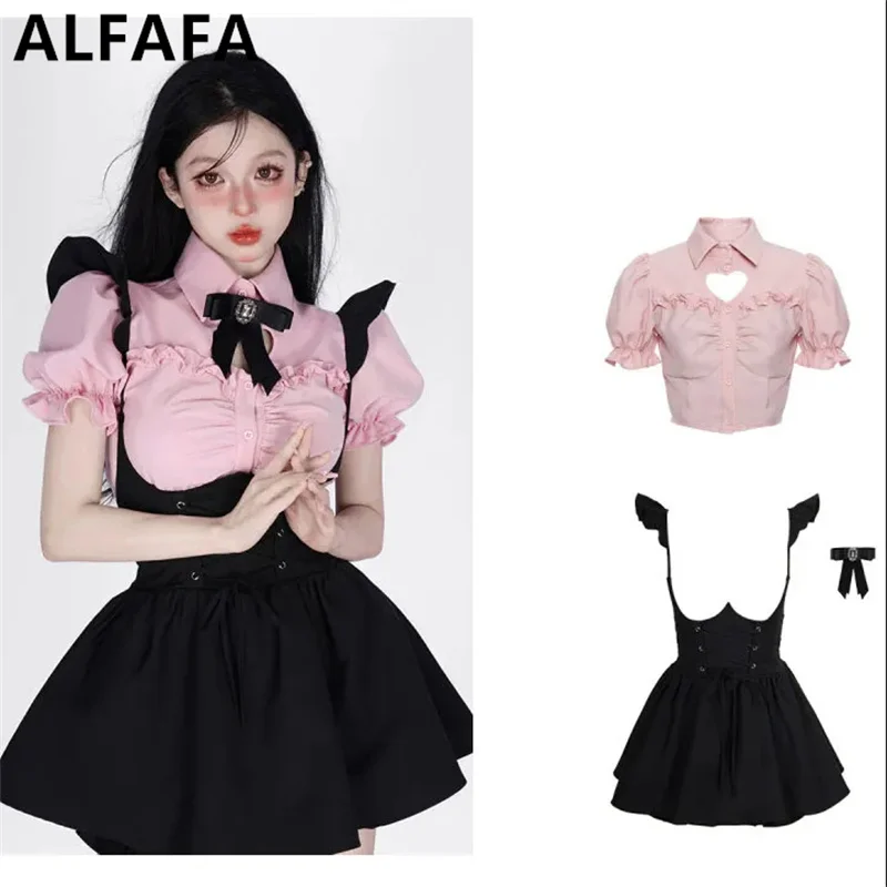 

Lolita Gothic Shirt with Skirts Sets Women Harajuku Summer Bow Pink Blouse Cyber Y2k Aesthetic Skirt Suits Korean Kawaii Clothes