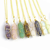 natural crystal hexagon prism pendant with gold color string