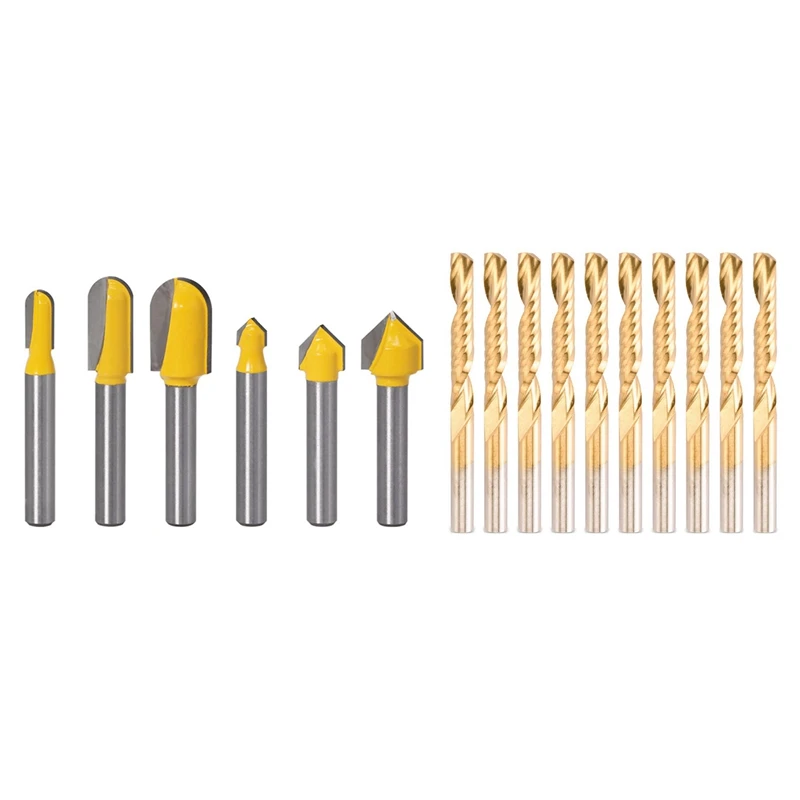 

6PC 1/4 Shank Router Bits Set Core Box Bit Round Nose Bit 90 Degree V-Groove Bit & 10X CNC Router Bits Spiral Router Bit