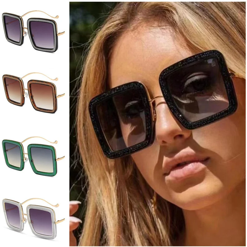 

Women Sunglasses Glitter Diamonds Sun Glasses Adumbral Anti-UV Spectacles Oversize Frame Eyeglasses Square Ornamental