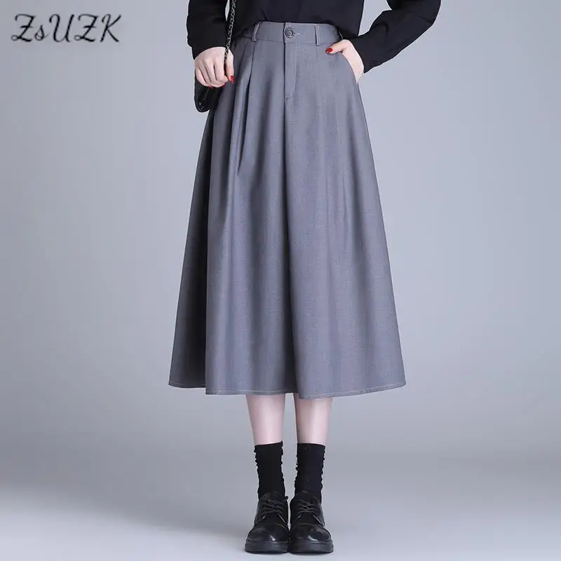 

ZUZK Women Elastic Solid A-Line Suit Skirt Spring Autumn High Waist OL Elegant Big Swing Mid-long Skirt Casual Black Skirts