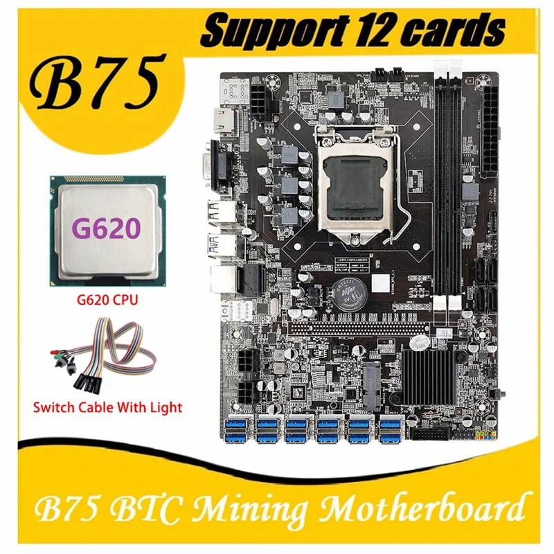 

Материнская плата для майнинга B75 ETH, материнская плата 12 PCIE на USB MSATA DDR3 с процессором G620 + кабель переключения светильник кой B75 USB BTC, материнс...