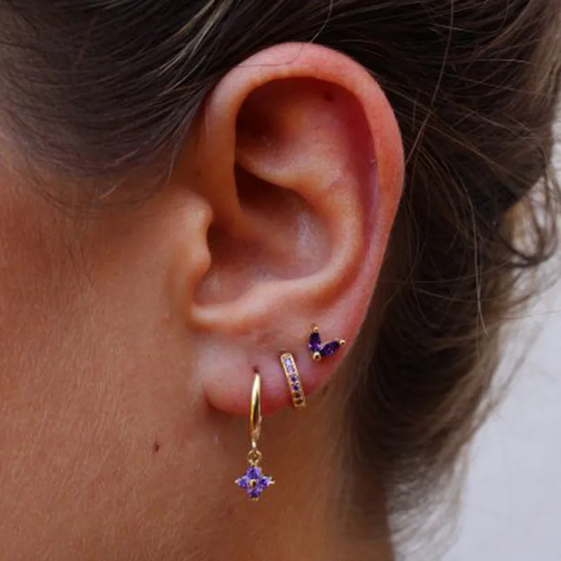 

Exquisite Purple Zircon Lucky Clover Earrings Set For Women Fashion Gold Color Piercing Ear Stud Hoop Drop Earrings 2023 Jewelry